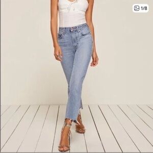Reformation Raw Hem High Rise Light Wash Straight Leg Jeans